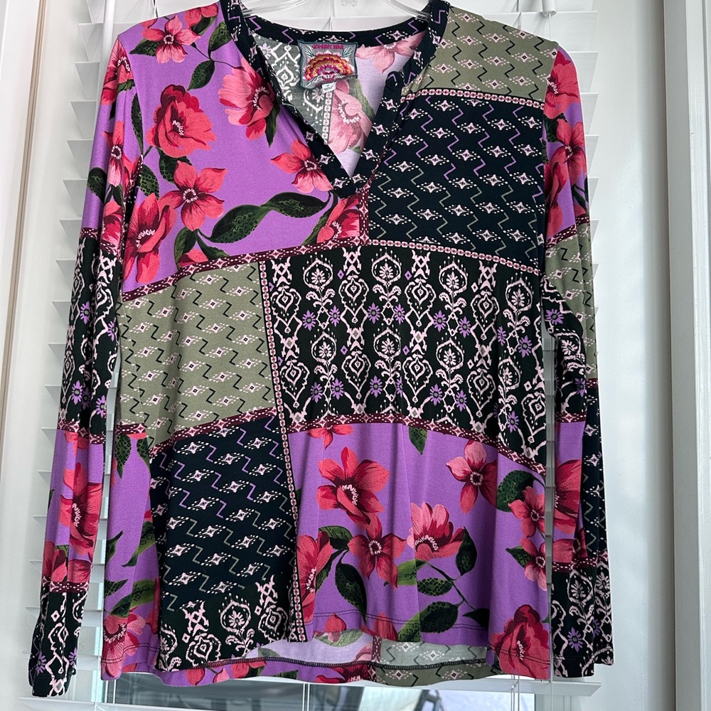 Johnny Was Pink and Black Graphic Polo Blouse